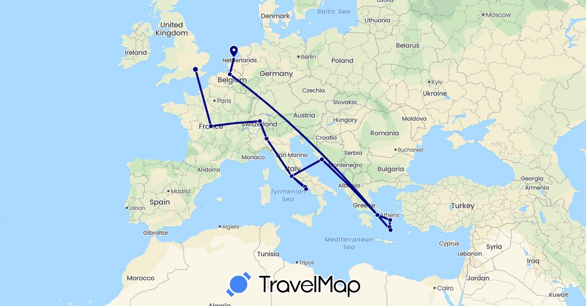 TravelMap itinerary: driving in Belgium, Switzerland, France, United Kingdom, Greece, Croatia, Italy, Netherlands (Europe)